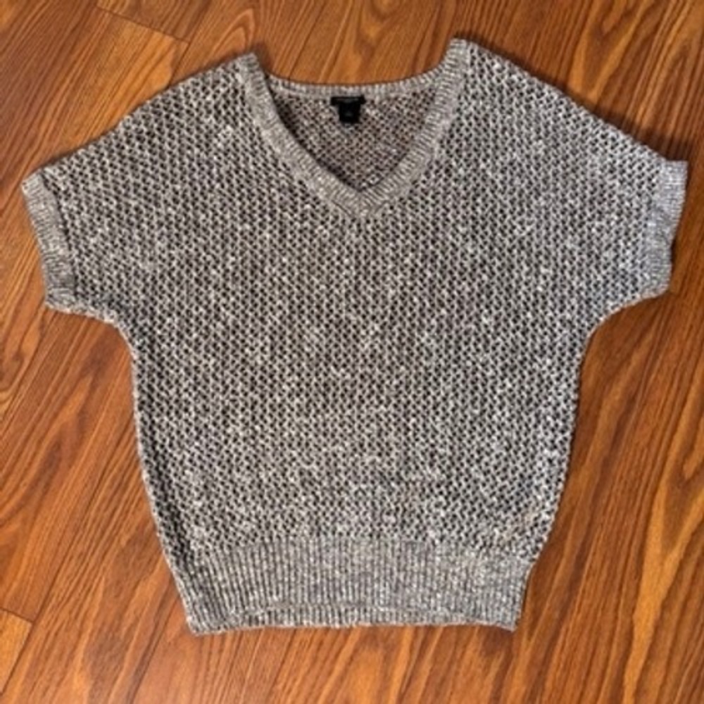 Ann Taylor Womens Grey White Marled Open Knit V-Neck Short Sleeve Sweater Med